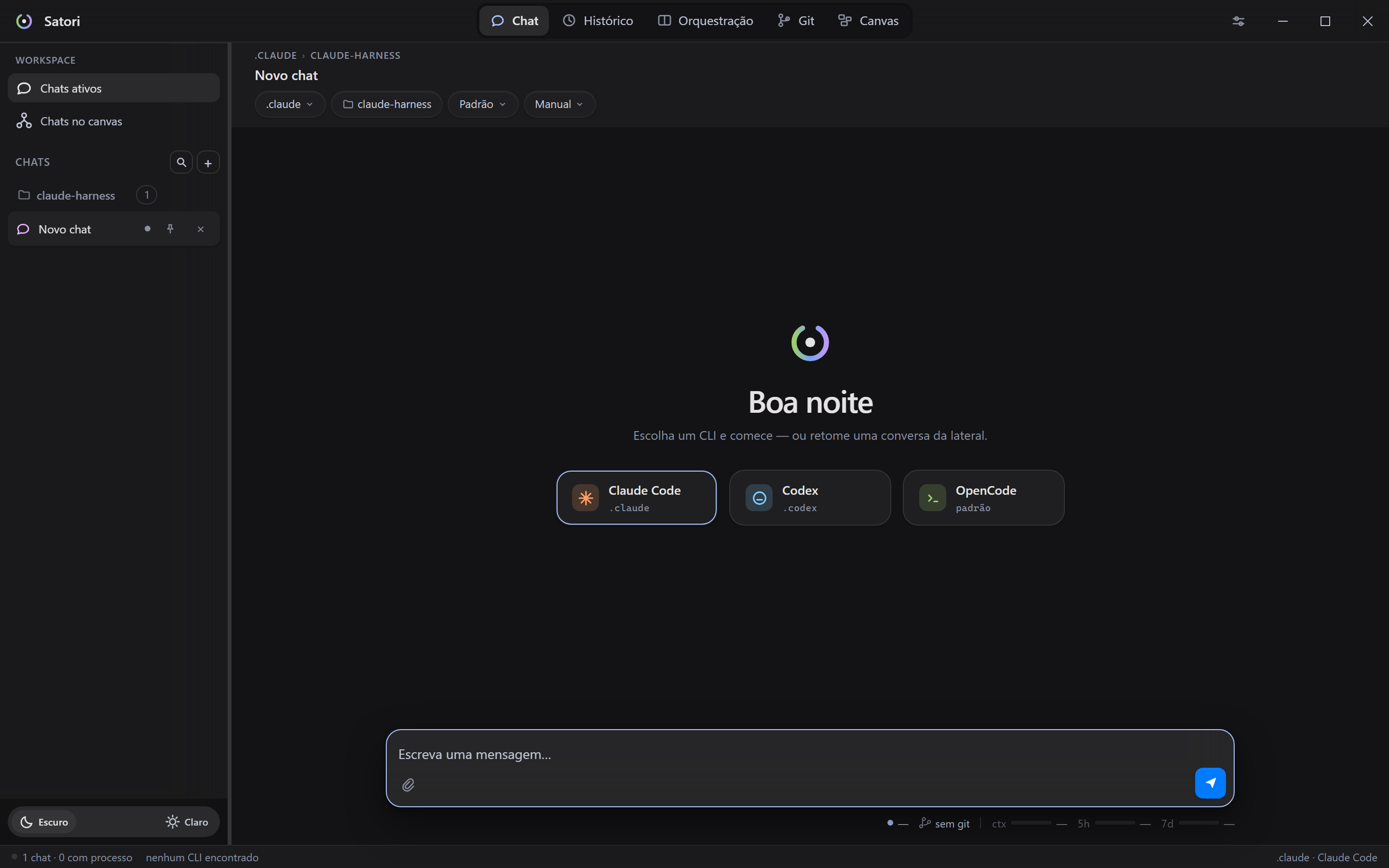 A tela de partida do Satori: a faixa de navegação no topo, a lateral com os chats e os cartões de CLI no meio