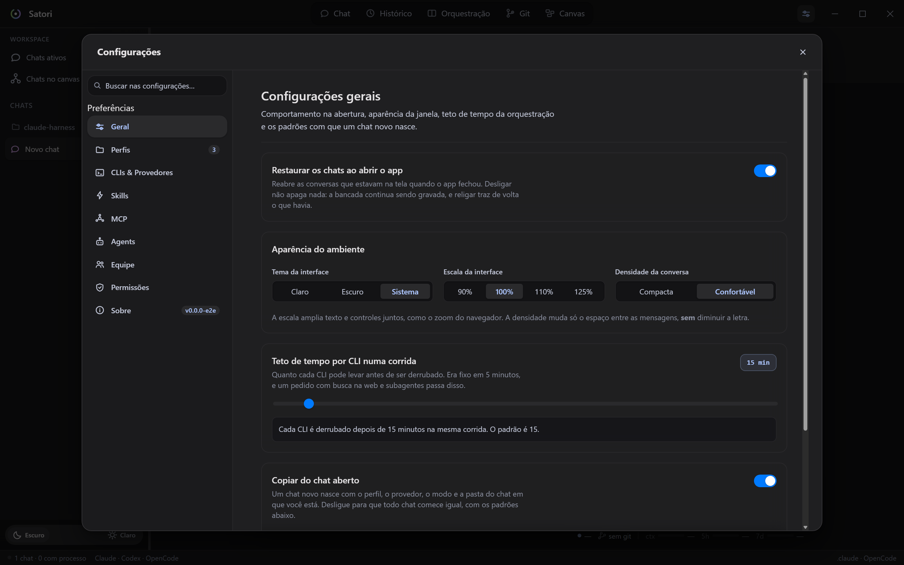 A aba Geral de Configurações: restaurar chats, aparência, teto de tempo da corrida e os padrões de chat novo