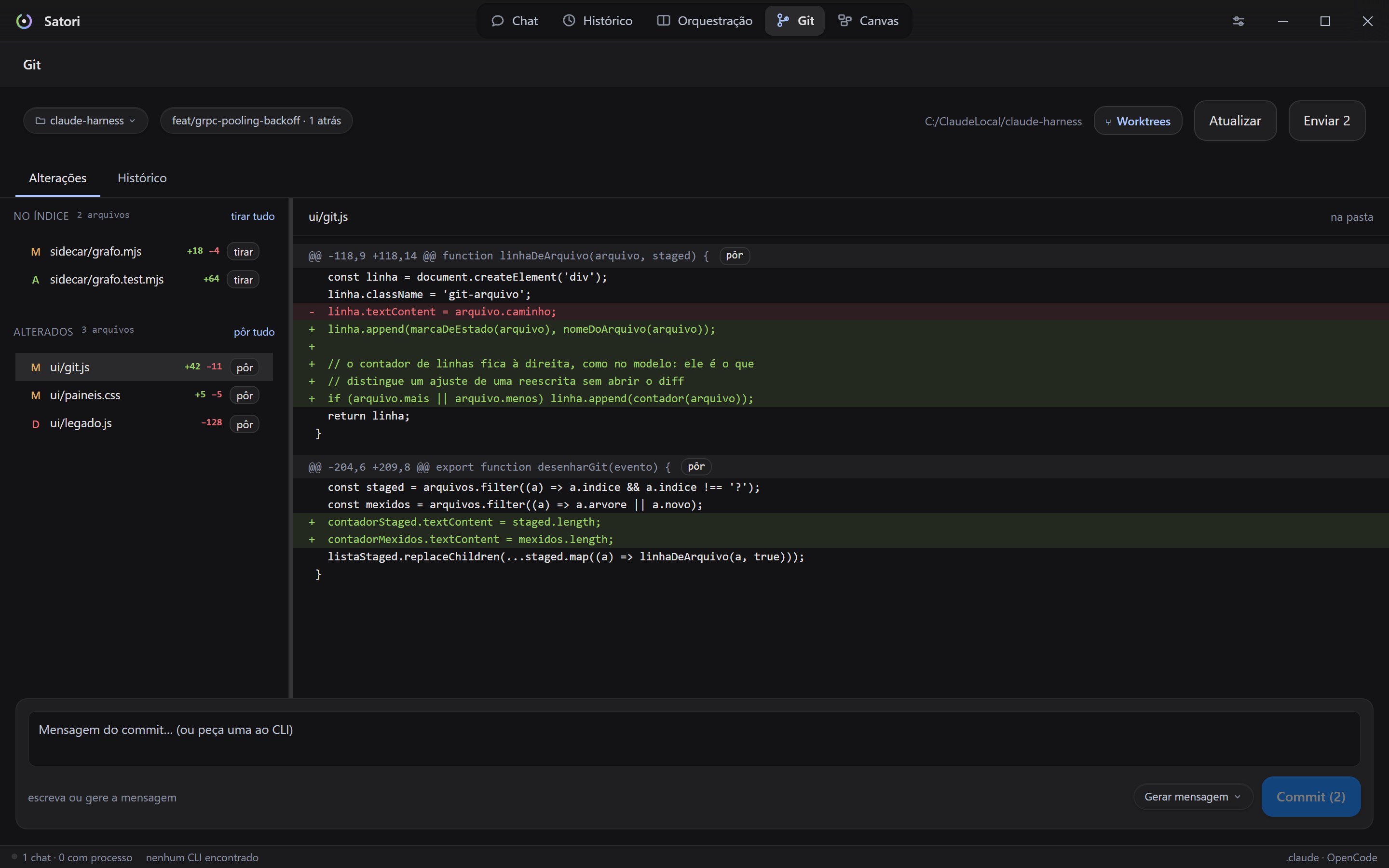 O painel de Git: as duas listas com +N −N por arquivo, o diff em blocos com o botão de pôr por pedaço, e a caixa de commit embaixo