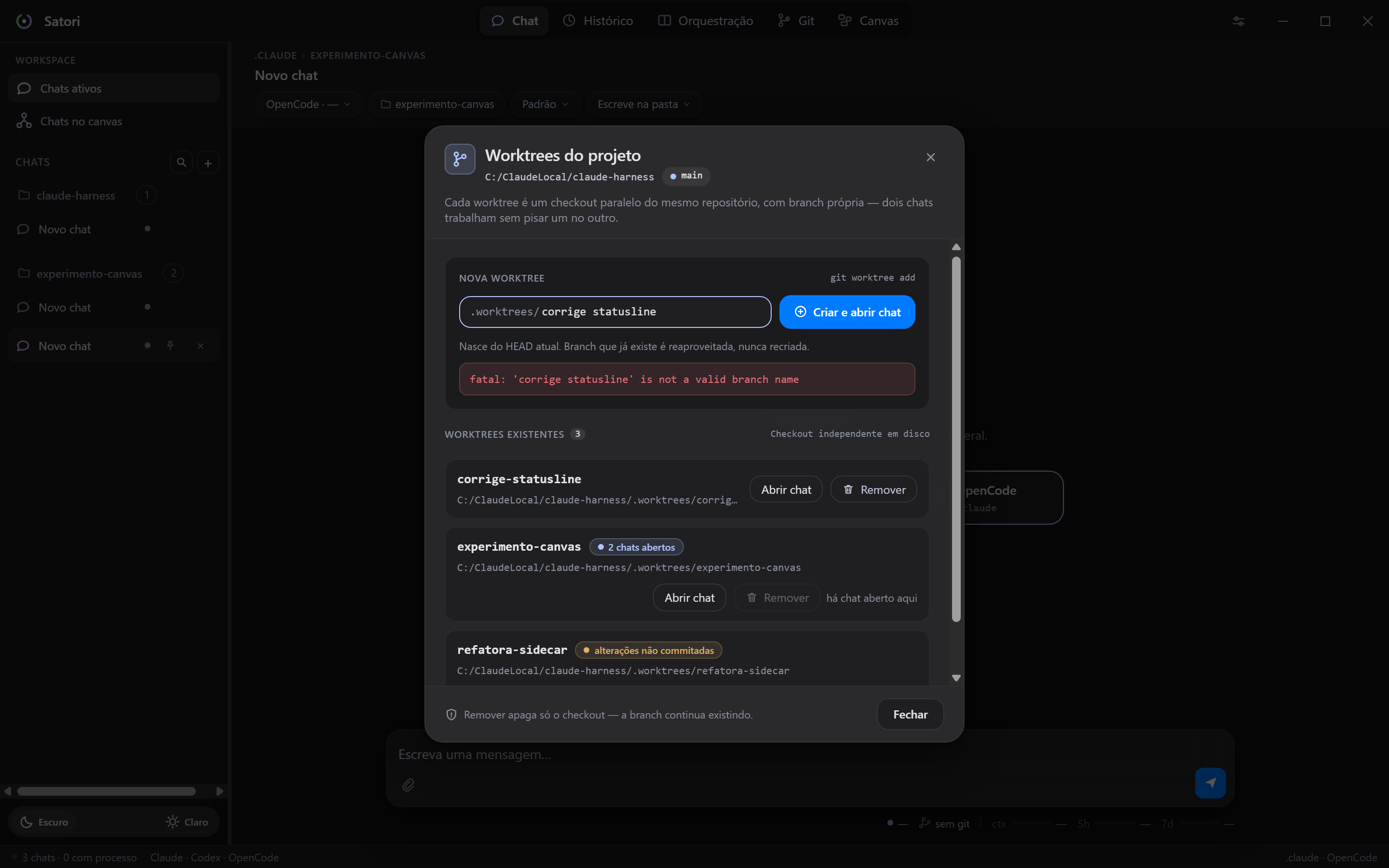 O diálogo de worktrees: o campo de criar com o prefixo .worktrees/, a recusa do git escrita na faixa, e as três worktrees com o motivo de cada uma poder ou não ser removida